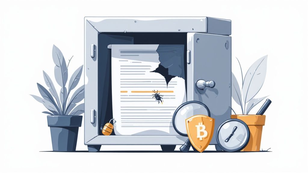 A magnifying glass hovering over lines of code on a screen, with a shield icon in the background, symbolizing the process of auditing for security vulnerabilities.