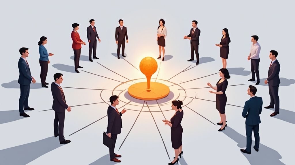 A diverse group of business professionals surrounds a glowing central idea, symbolizing teamwork and innovation.