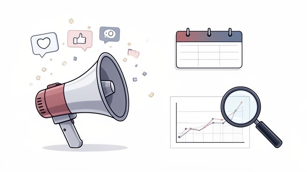 Digital marketing concept with a megaphone, social media icons, calendar, and analytics graph.