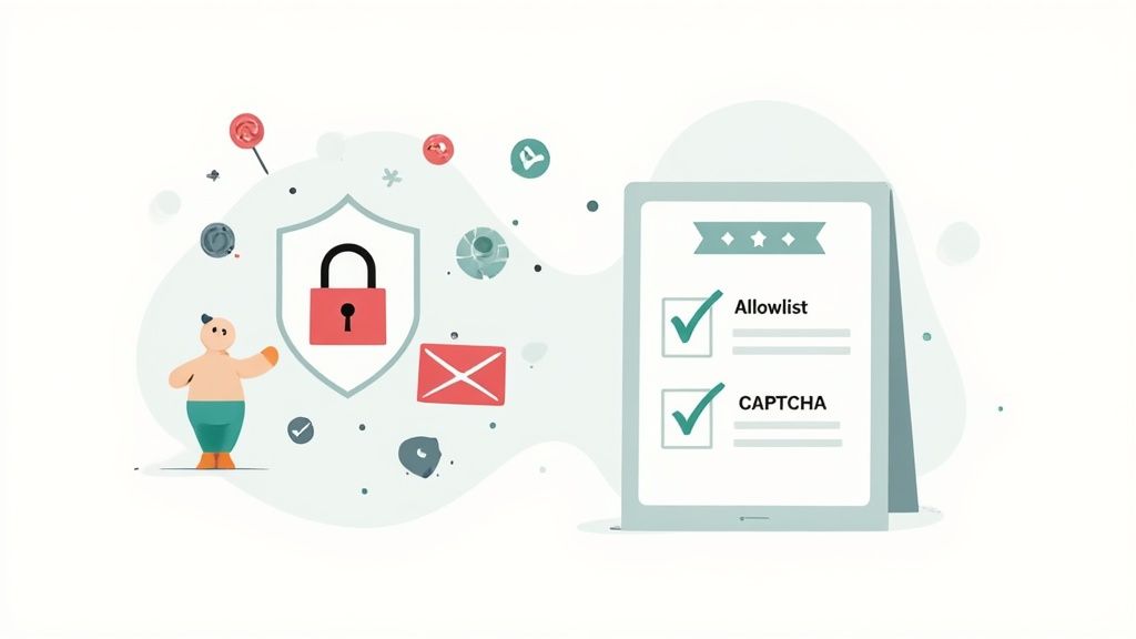 Illustration of digital security features: a shield with a padlock, a tablet showing 'Allowlist' and 'CAPTCHA' checked.