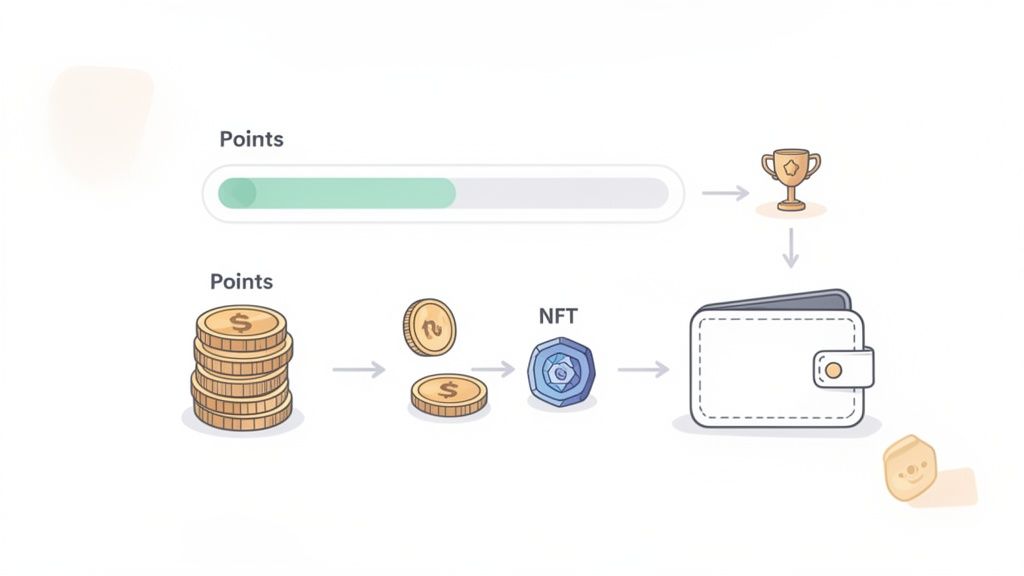 Illustration showing two loyalty programs: points leading to a trophy or converting points to an NFT in a wallet.