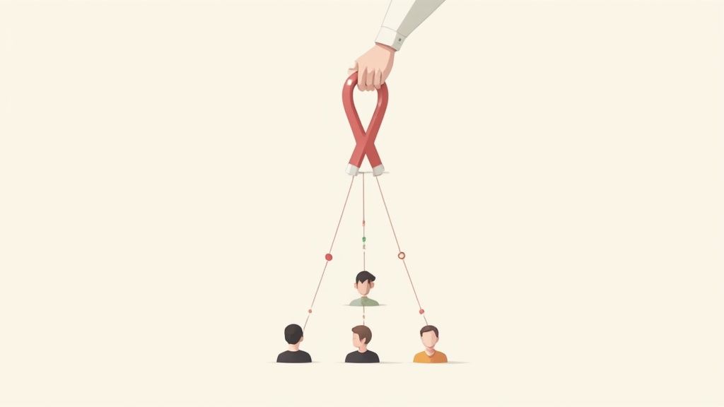 Hand holding a red magnet attracting multiple people, symbolizing influence or recruitment.