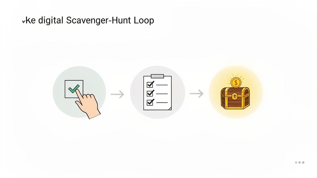 Illustration of a digital scavenger hunt process: complete tasks, track progress, earn rewards.