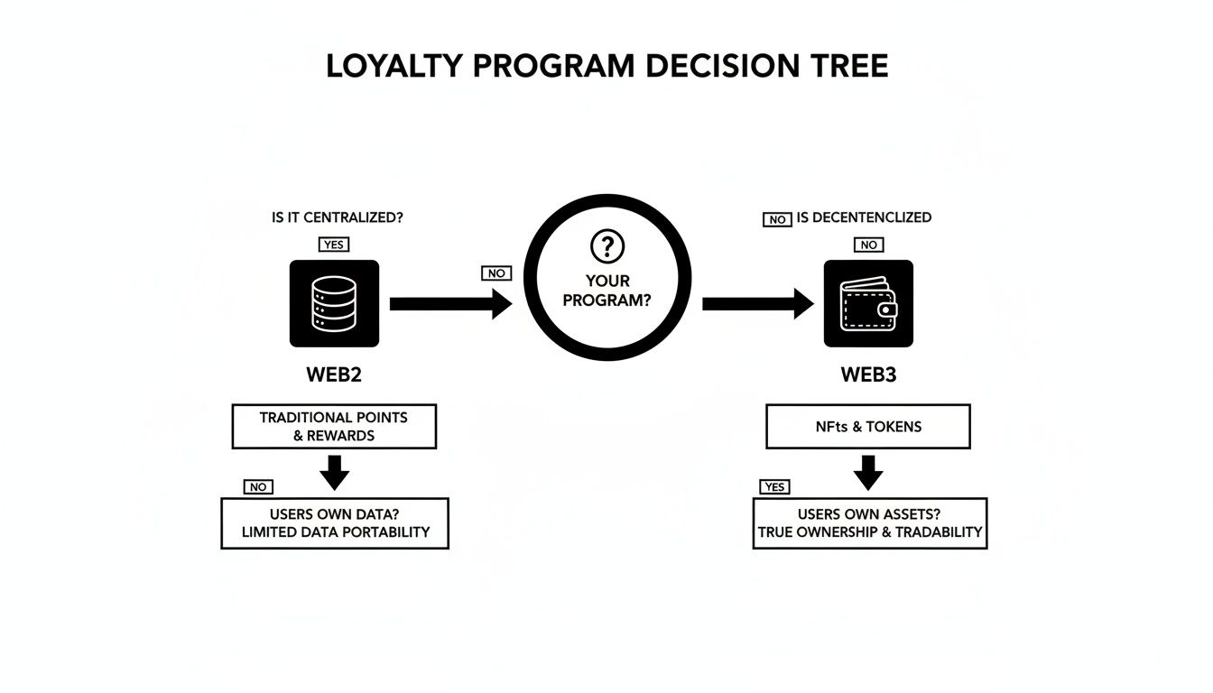 A loyalty program decision tree flowchart comparing Web2 centralized systems with Web3 decentralized programs.