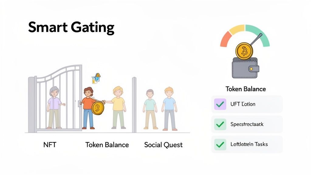 Illustration demonstrating 'Smart Gating' with NFT, Token Balance, and Social Quest criteria, featuring a wallet and completion tasks.