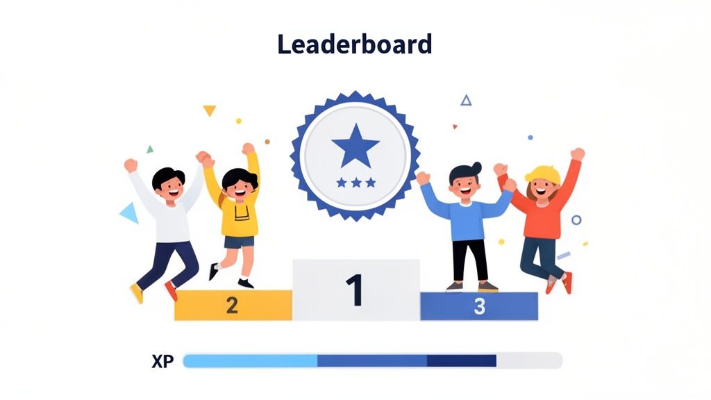 Illustration of a vibrant leaderboard displaying happy winners on a podium with an XP bar.