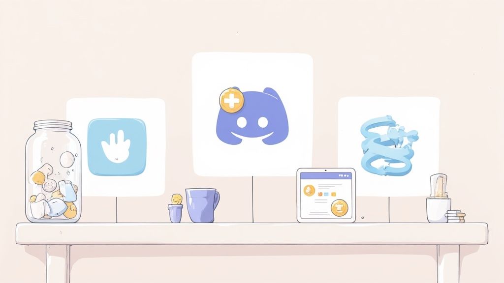 Discord logo with plus badge displayed on shelf with decorative items and gaming accessories