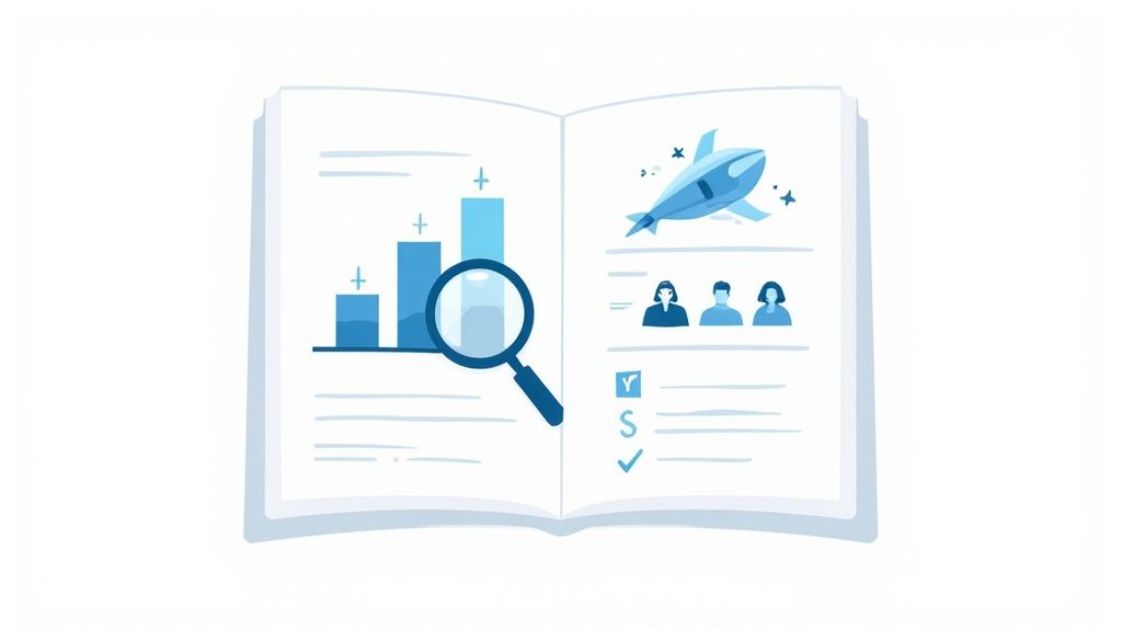 An open report displays a bar graph with a magnifying glass, a whale icon, and user silhouettes.