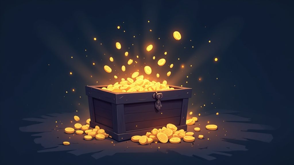 A glowing treasure chest filled with digital tokens and NFTs on a smartphone screen, ready to be claimed.