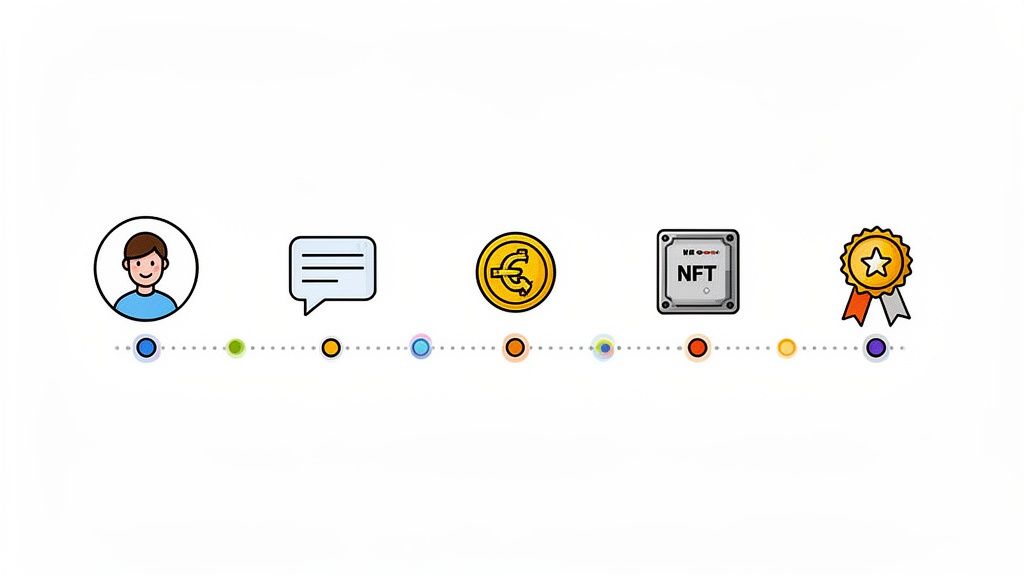A colorful timeline illustration depicting a digital process: user profile, chat, currency, NFT, and award.