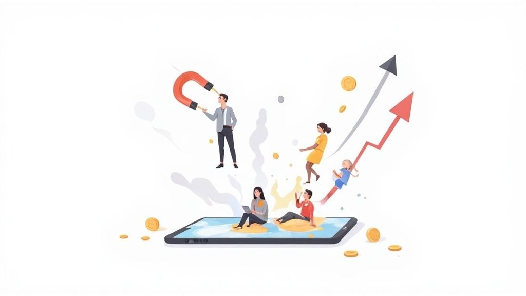 Illustration of people attracted by a magnet to a mobile phone, showing growth and coins.