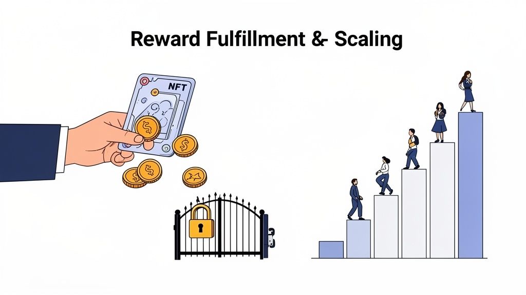 An illustration depicting a hand giving NFT rewards over a locked gate and people climbing a scaling bar chart.