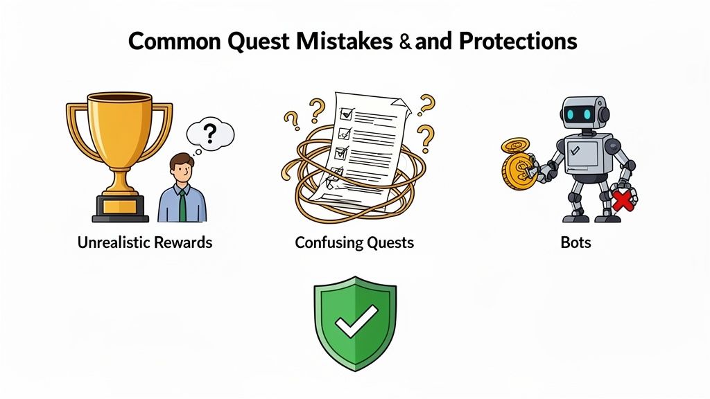 An illustration showing common quest mistakes: unrealistic rewards, confusing quests, and bots, with a green protection shield.
