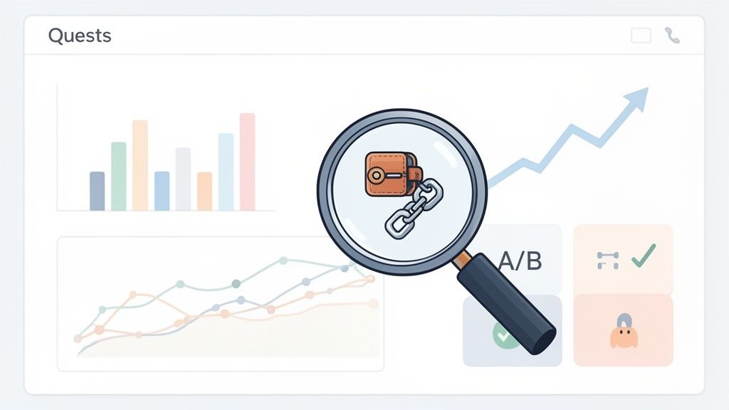 Dashboard showing quest analytics with charts, an upward trend, and a magnifying glass on a web3 wallet and chain.