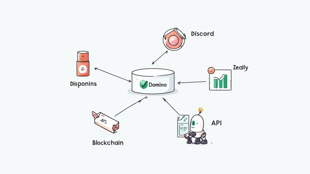 Diagram showing Domino as a central hub connecting to Discord, Zeally, API, Blockchain, and Disponins.