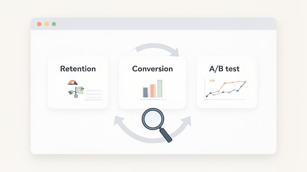 Illustration of marketing concepts: customer retention, conversion rates, and A/B testing with a magnifying glass for analysis.
