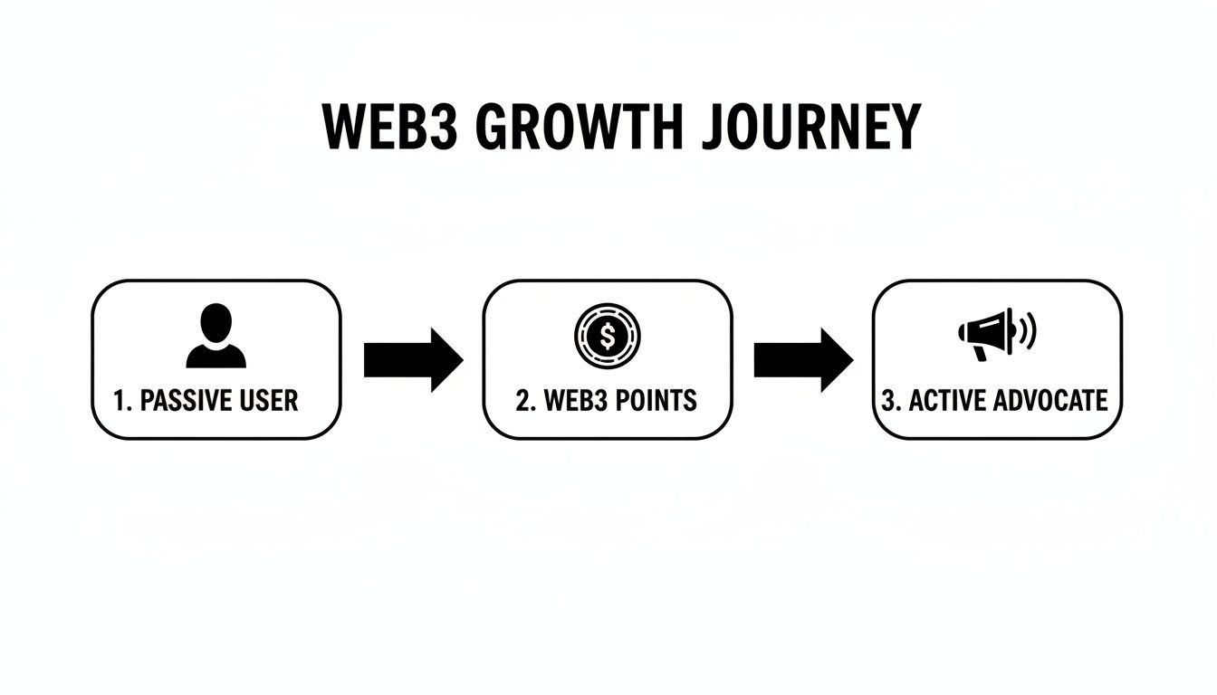 Flowchart illustrating the Web3 growth journey from a passive user to an active advocate.