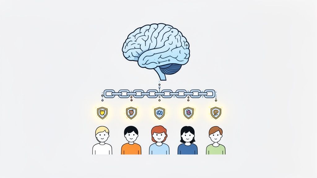 Brain linked via a blockchain to five individuals, each with a glowing, unique shielded identity.
