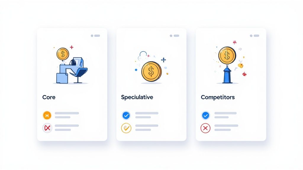 Three white cards illustrating financial categories: Core, Speculative, and Competitors, with dollar coin icons and evaluation marks.