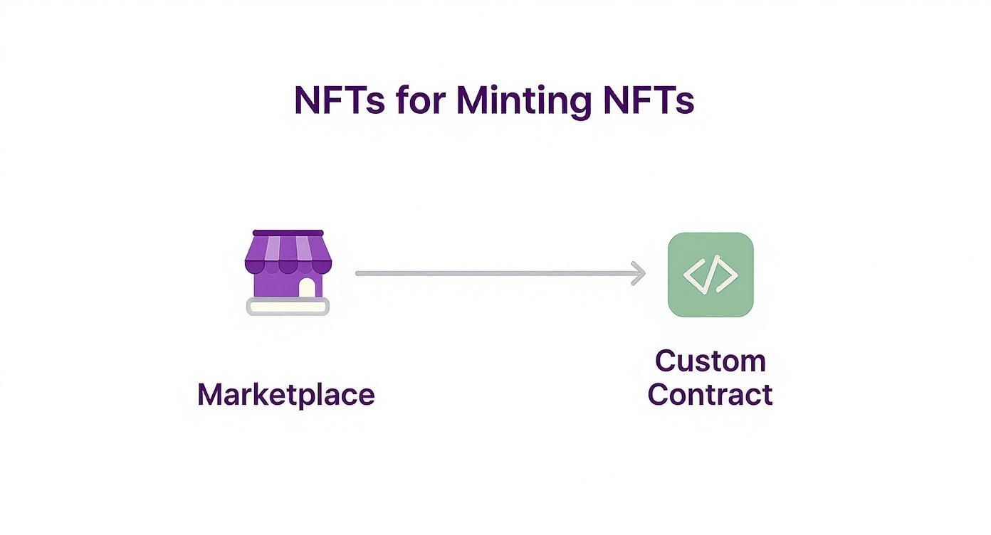 Diagram showing marketplace icon with arrow pointing to custom contract code symbol for NFT minting process