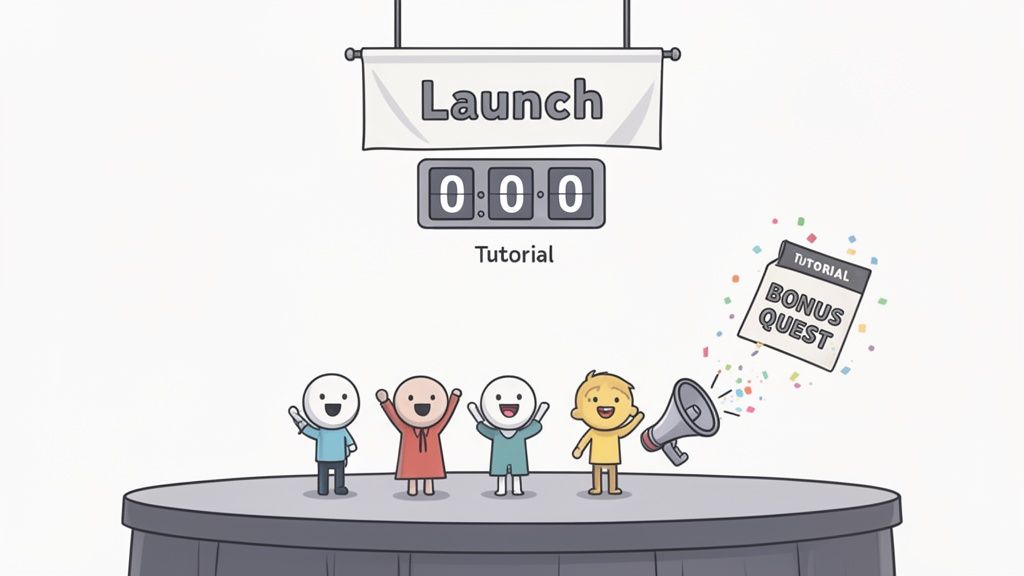 Four cartoon characters celebrate a game launch with a 'Tutorial Bonus Quest' and confetti.