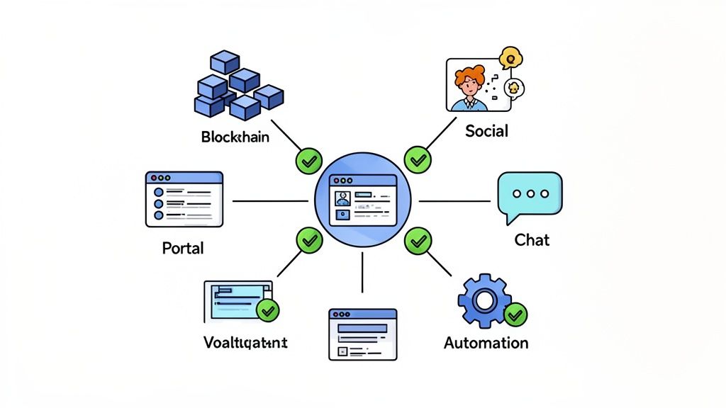 An illustration showing a central profile connected to various digital services like Blockchain, Social, Chat, and Automation.