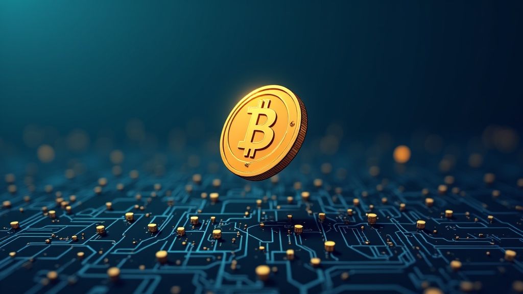 A futuristic, abstract image with glowing geometric shapes representing crypto tokens and coins floating in a digital space.