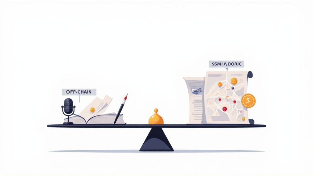 A balance scale showing 'OFF-CHAIN' items (microphone, book) versus maps and coins with 'SSMI A DORK' text.