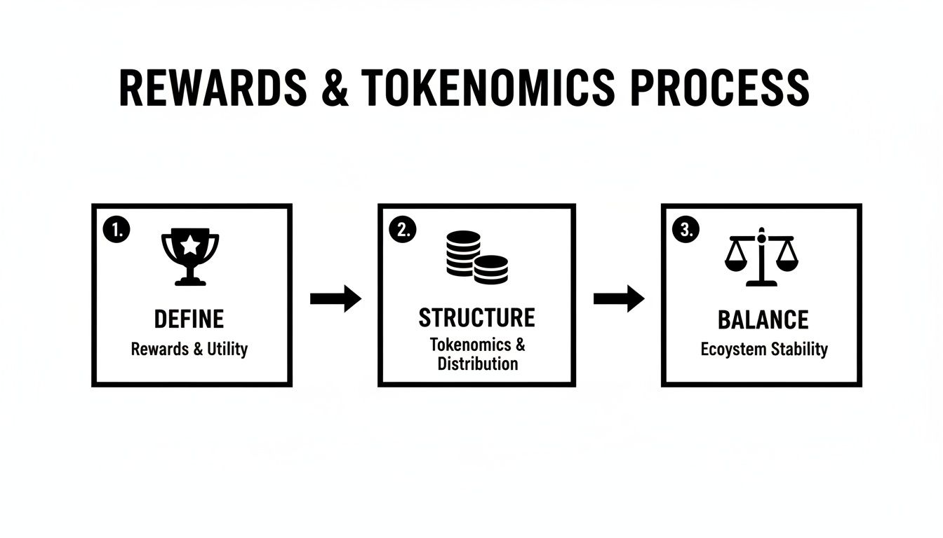 A three-step process for rewards and tokenomics: Define, Structure, and Balance, with relevant icons.