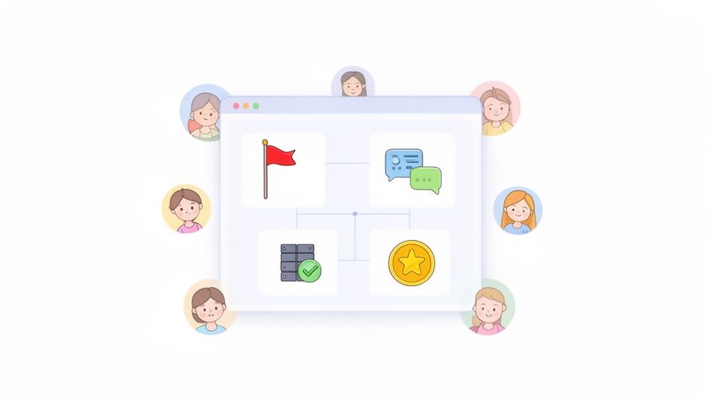 Diverse cartoon users surrounding a platform interface displaying goals, communication, data, and rewards.