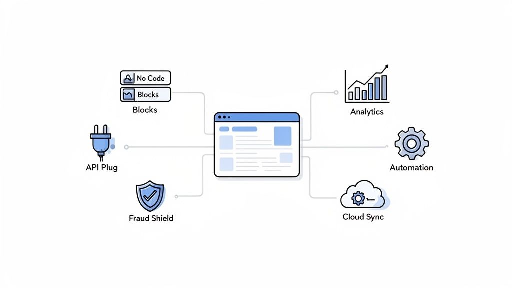 Diagram showing a central platform connected to no-code blocks, API, fraud shield, analytics, automation, and cloud sync features.
