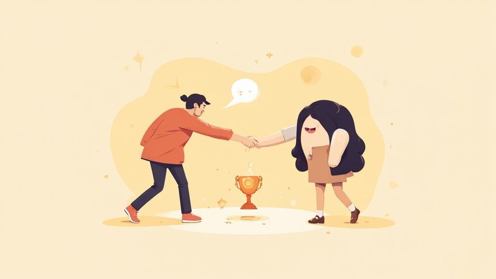 An illustration of two stylized characters shaking hands over a golden trophy, symbolizing reward.
