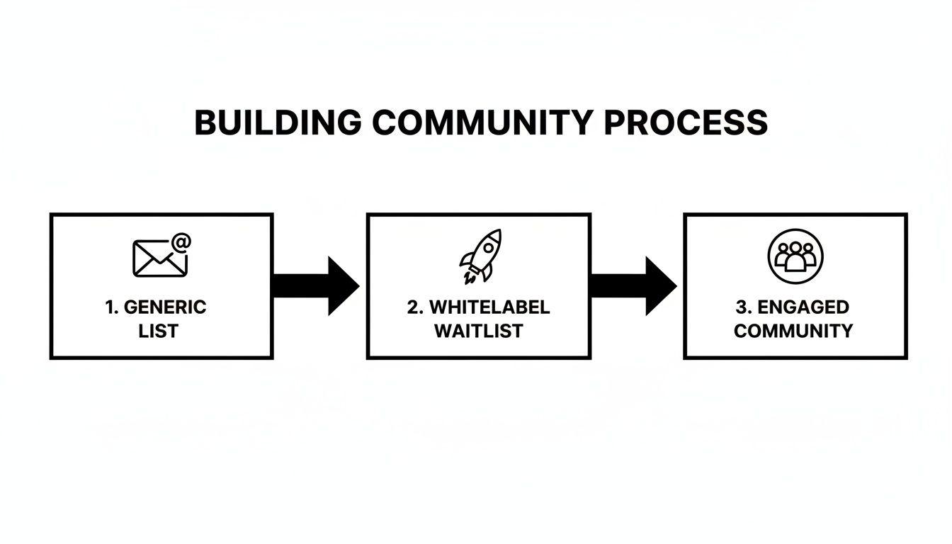A flowchart illustrates the three-step process for building community: generic list, whitelabel waitlist, and engaged community.