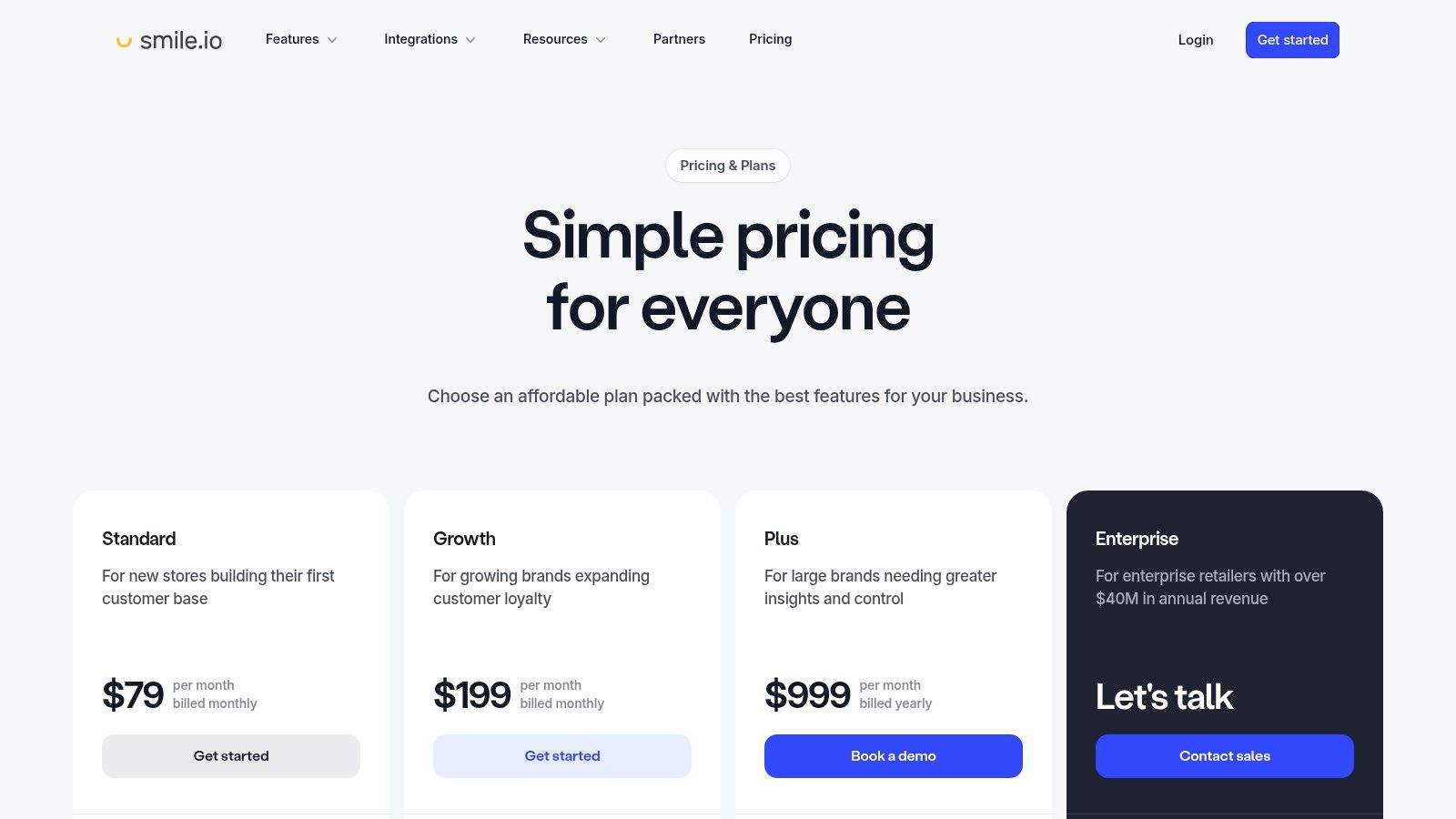 Smile.io pricing plans for its customer reward program software