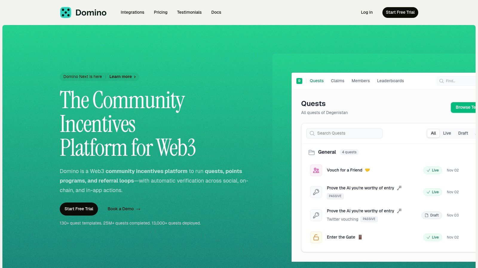 A user interface showing various customer reward quests on the Domino platform.