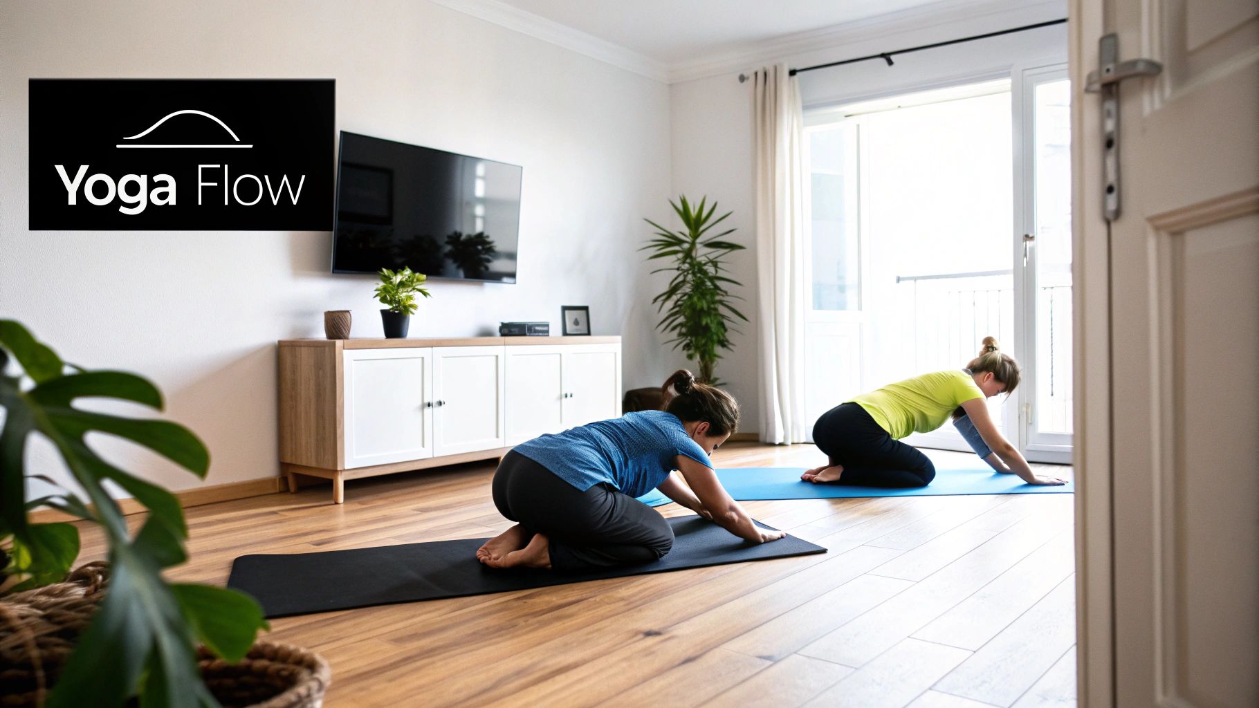A person performing a yoga pose in a living room setting, demonstrating a home workout.