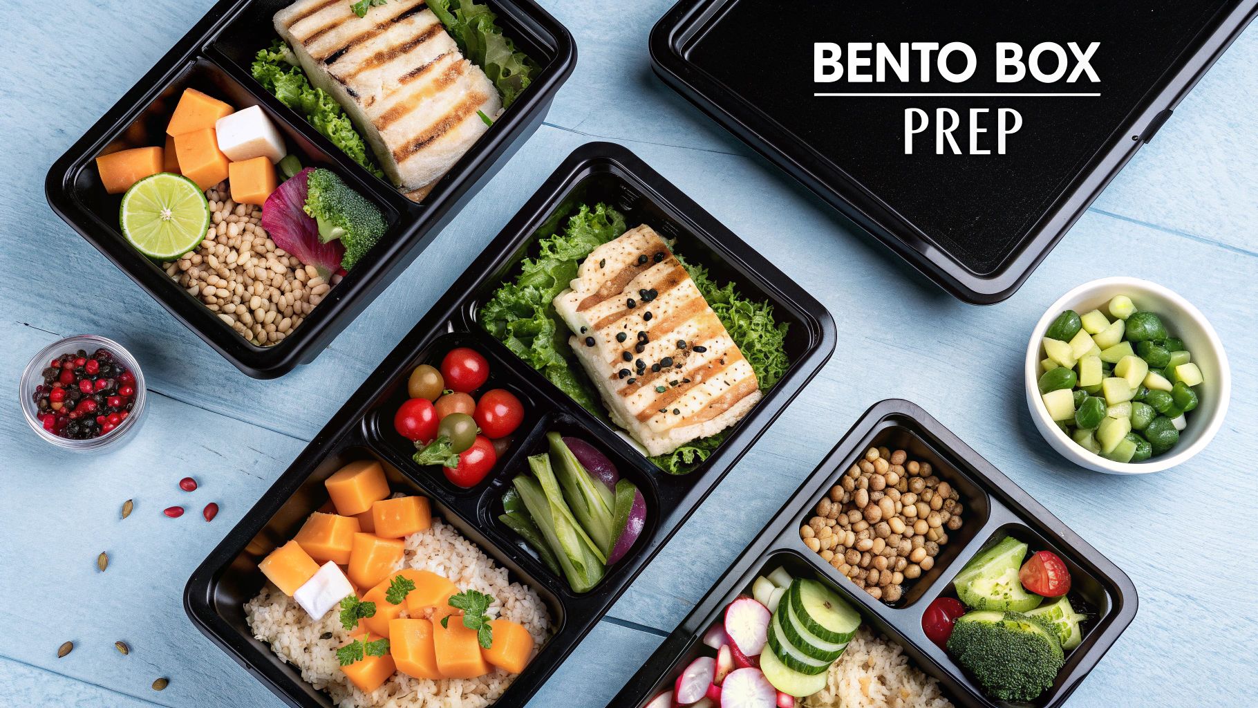 A collection of prepped bento boxes showing colorful, compartmentalized meals with ingredients like fruits, vegetables, and main courses.