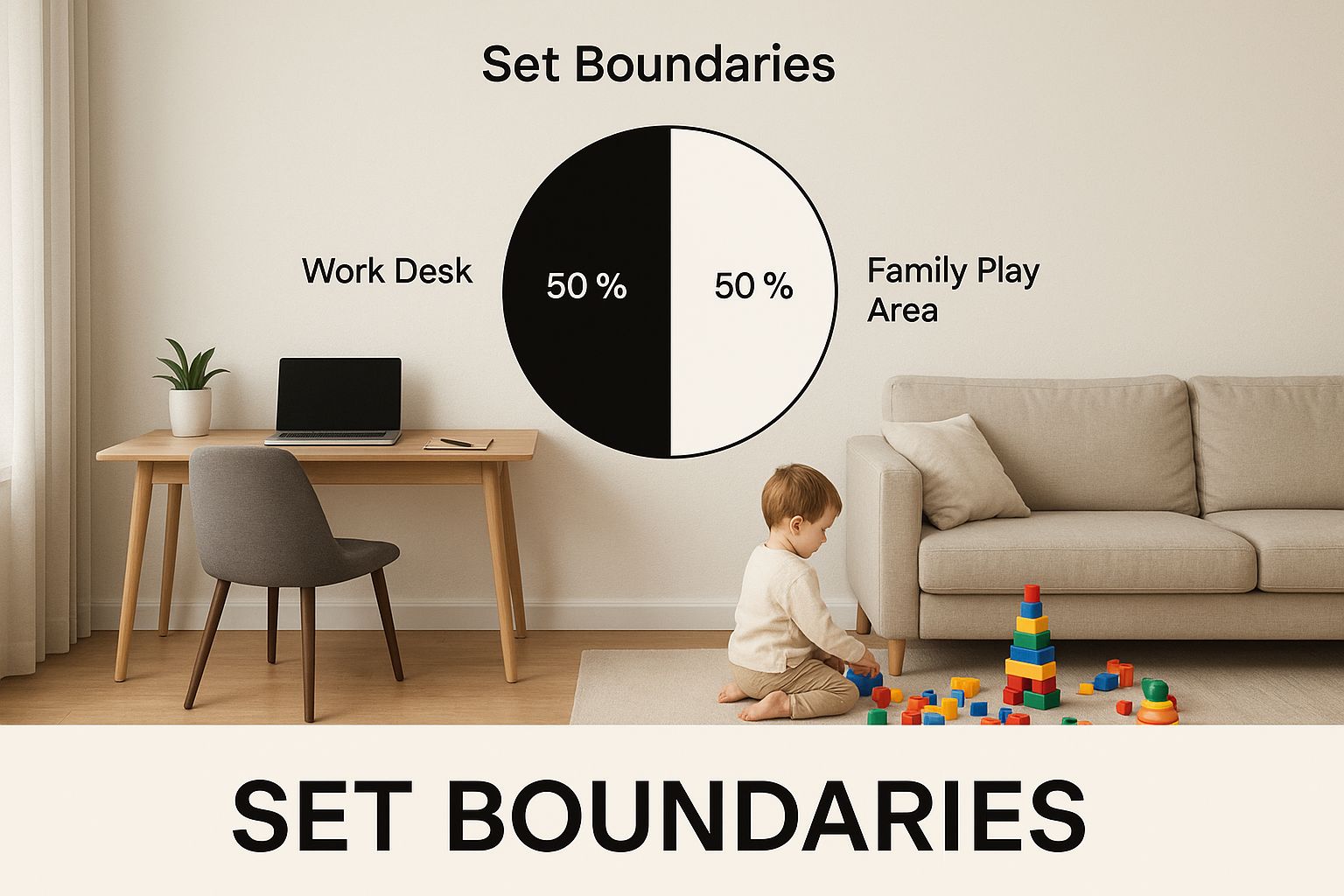 Infographic showing a split room with a work desk and a family play area, with the text 'Set Boundaries' at the bottom.
