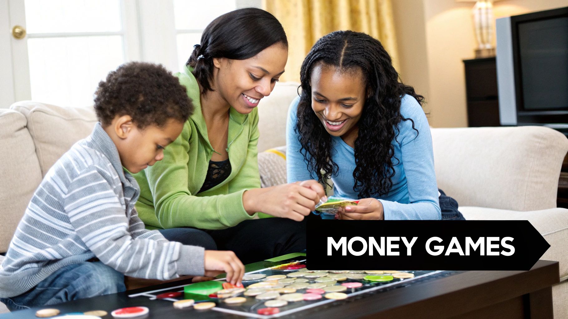 A frustrated-looking dad sitting at a kitchen table with bills, while a child plays nearby.