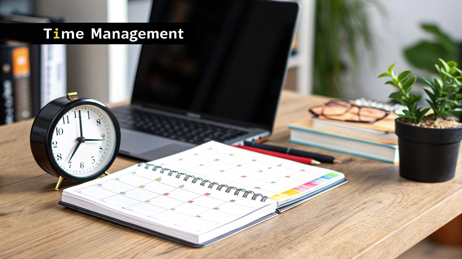 A person sitting at a desk with a planner and coffee, looking focused and in control of their schedule.