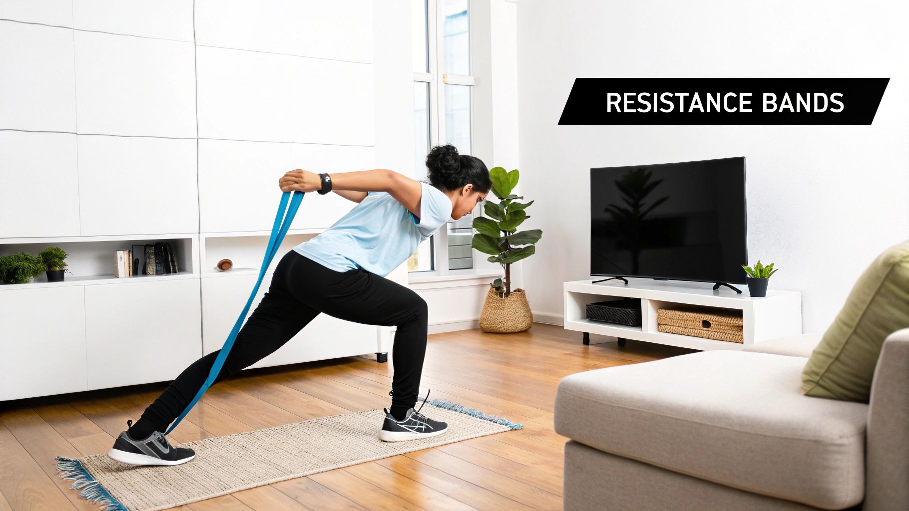 A man performing a bicep curl with a resistance band in a home setting.