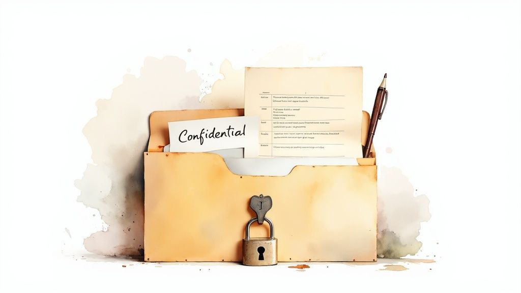 A confidential file folder with documents, a pen, and a padlock, symbolizing secure information.