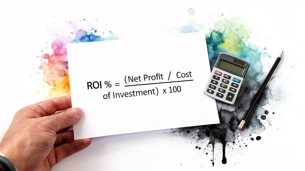 A hand holds a paper displaying the ROI percentage formula, with a calculator and pencil nearby.