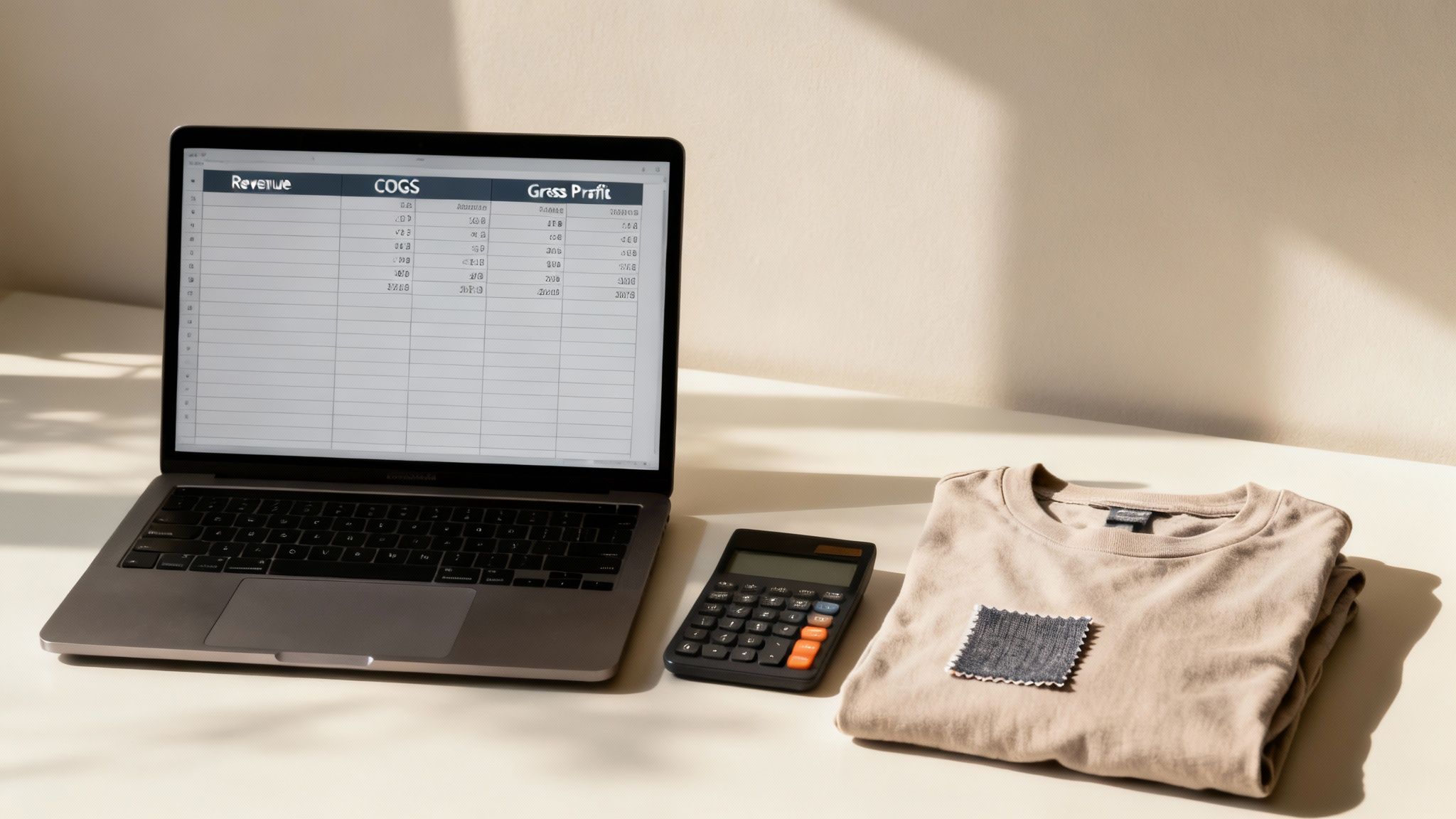 A person using a calculator with financial documents and a laptop, illustrating the gross profit margin calculation.
