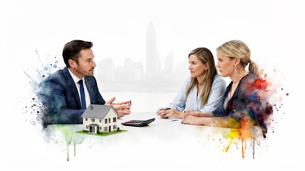 Financial advisor discusses property investment with two women, featuring a model house and city skyline.