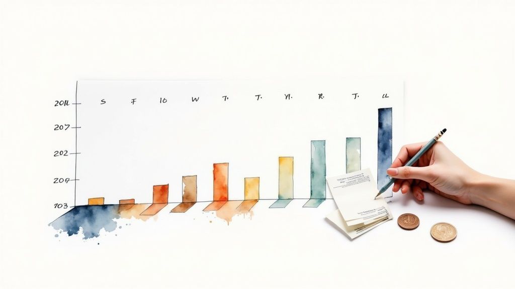 A hand draws on paper next to a watercolor bar graph, notes, and coins.