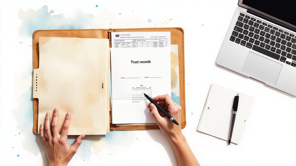 A person at a desk with a calculator and documents, organising their annual trust compliance paperwork.