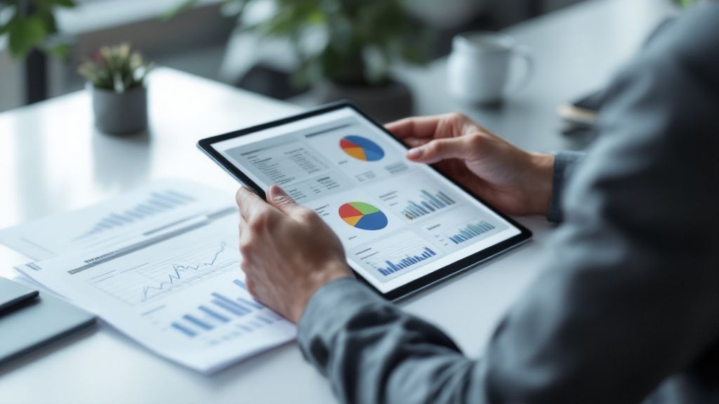 Description: A businessman reviewing financial documents at his desk.