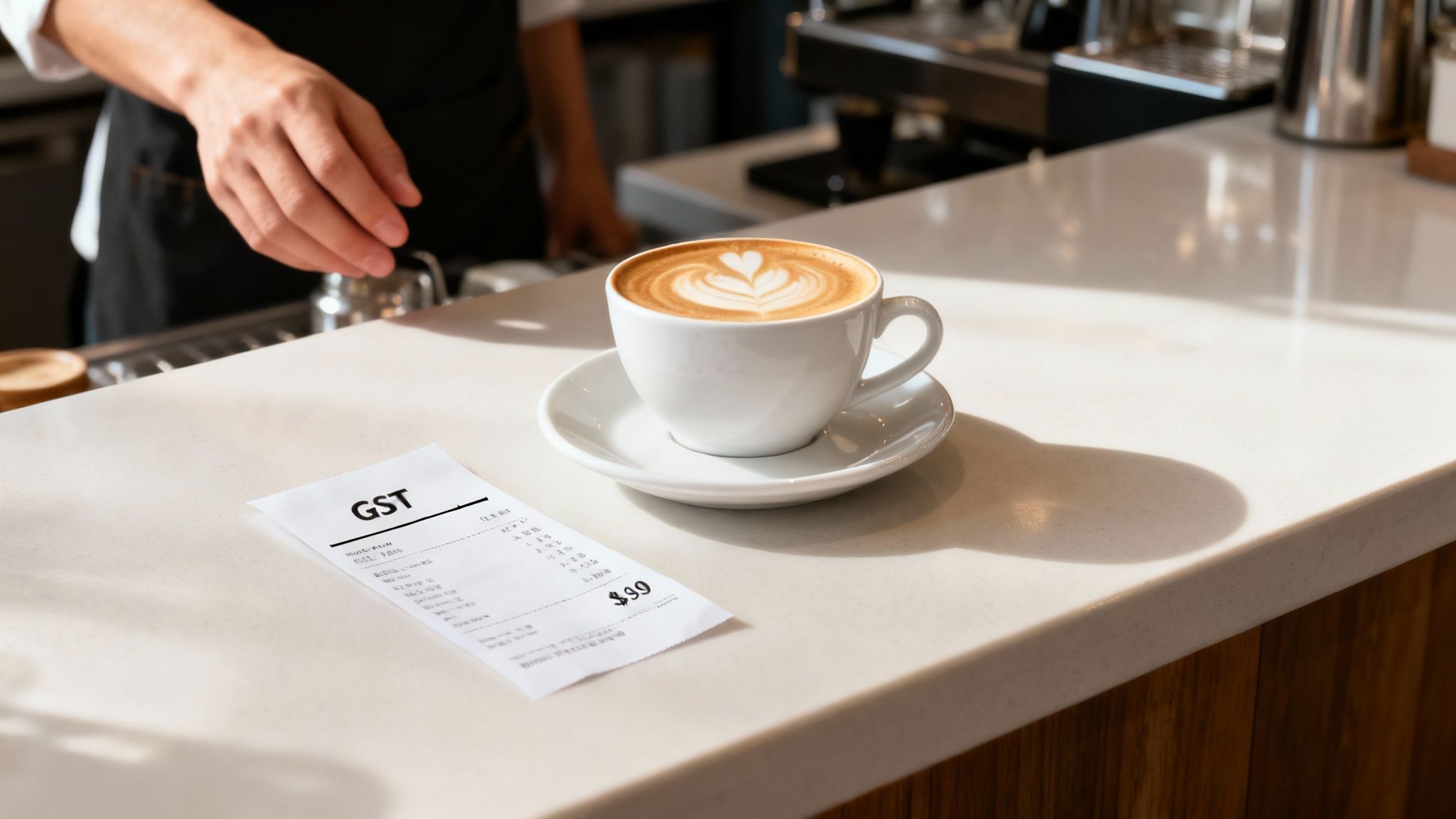 An Auckland cafe owner smiling while using a tablet to manage their business finances.