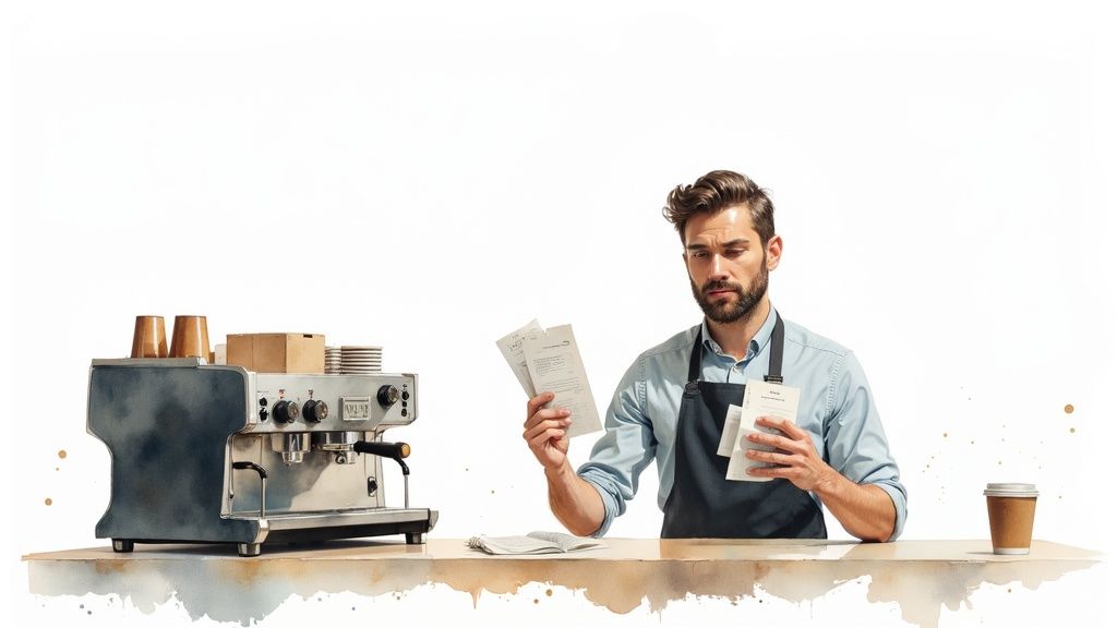 A concerned man in an apron reviews financial documents at a coffee shop counter.